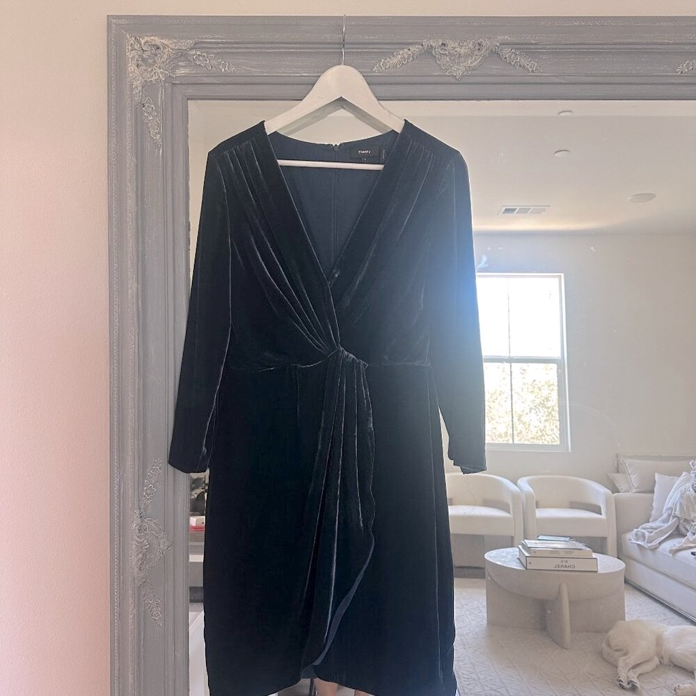 Theory Melessa Glossed Deep Teal Silk Velvet Drape Dress Size 6 - Picture 2 of 9